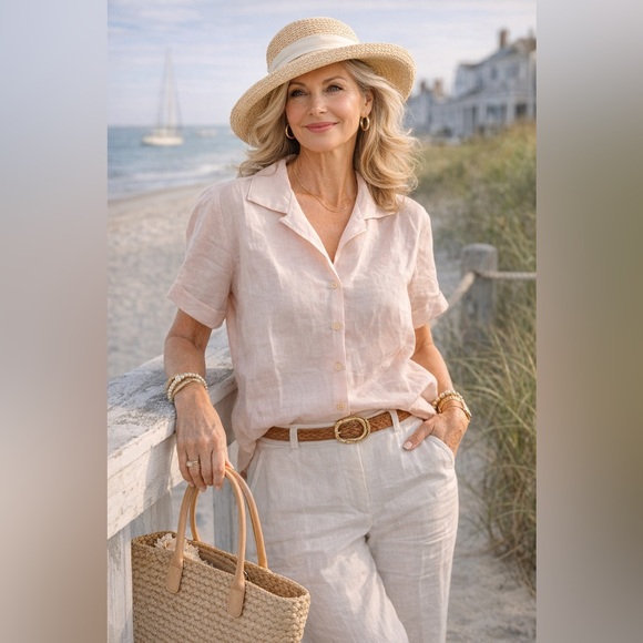 Lauren Ralph Lauren Tops - Lauren Ralph Lauren Linen Blouse Pink Short Sleeve Coastal Nantucket Size 14